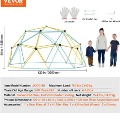 VEVOR Climbing Dome, Jungle Gym Supports 750LBS and Easy Assembly, 10FT Geometric Dome Climber Play Center for Kids 3 to 10 Years Old,with Climbing Grip, Outdoor Backyard Play Equipment for Kids