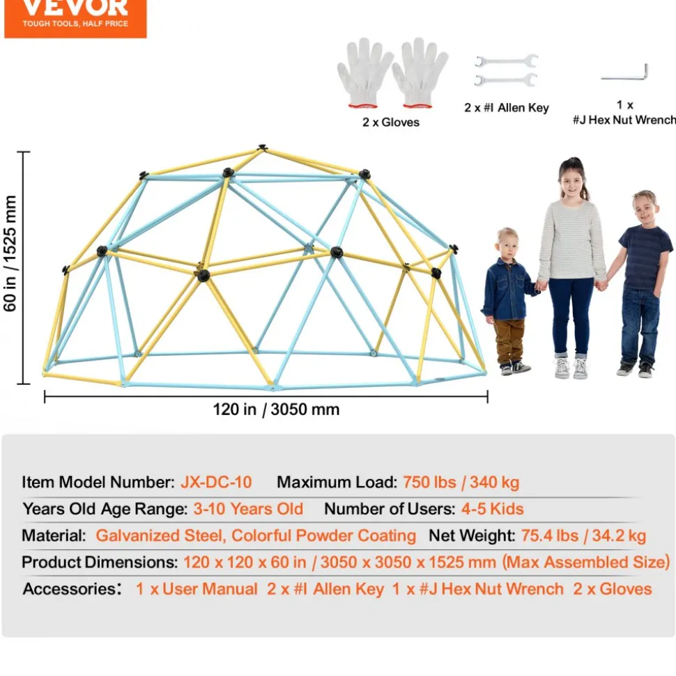 VEVOR Climbing Dome, Jungle Gym Supports 750LBS and Easy Assembly, 10FT Geometric Dome Climber Play Center for Kids 3 to 10 Years Old,with Climbing Grip, Outdoor Backyard Play Equipment for Kids