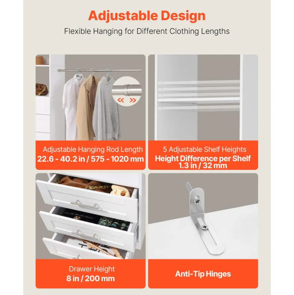 VEVOR Closet System with 3 Drawers, Adjustable Height Wooden Closet Organizers, Modern Walk-in Wardrobe Organization with 4 Retractable Clothes Hanger Rods, Freestanding Garment Rack Storage, White