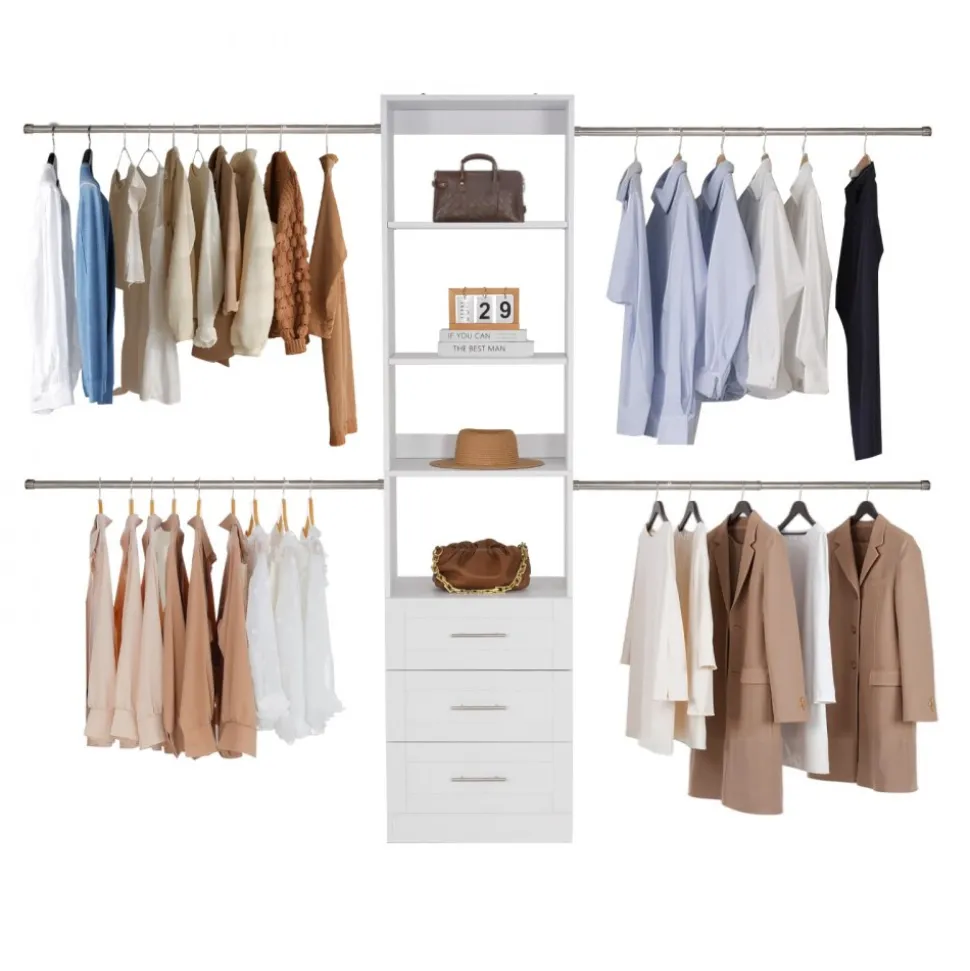 VEVOR Closet System with 3 Drawers, Adjustable Height Wooden Closet Organizers, Modern Walk-in Wardrobe Organization with 4 Retractable Clothes Hanger Rods, Freestanding Garment Rack Storage, White