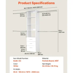 VEVOR Closet System with 3 Drawers, Adjustable Height Wooden Closet Organizers, Modern Walk-in Wardrobe Organization with 4 Retractable Clothes Hanger Rods, Freestanding Garment Rack Storage, White