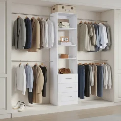 VEVOR Closet System with 3 Drawers, Adjustable Height Wooden Closet Organizers, Modern Walk-in Wardrobe Organization with 4 Retractable Clothes Hanger Rods, Freestanding Garment Rack Storage, White