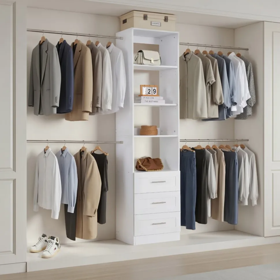 VEVOR Closet System with 3 Drawers, Adjustable Height Wooden Closet Organizers, Modern Walk-in Wardrobe Organization with 4 Retractable Clothes Hanger Rods, Freestanding Garment Rack Storage, White