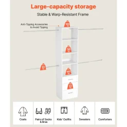 VEVOR Closet System with 3 Drawers, Adjustable Height Wooden Closet Organizers, Modern Walk-in Wardrobe Organization with 4 Retractable Clothes Hanger Rods, Freestanding Garment Rack Storage, White