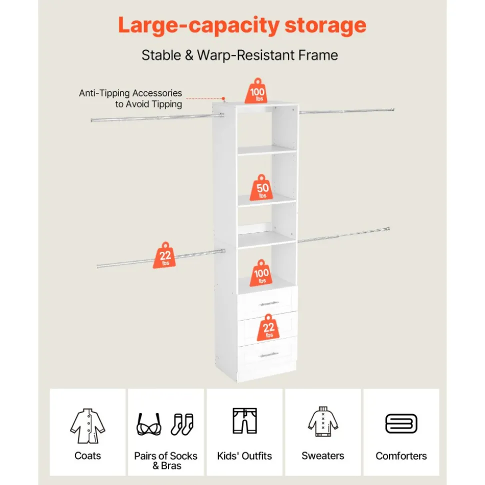 VEVOR Closet System with 3 Drawers, Adjustable Height Wooden Closet Organizers, Modern Walk-in Wardrobe Organization with 4 Retractable Clothes Hanger Rods, Freestanding Garment Rack Storage, White