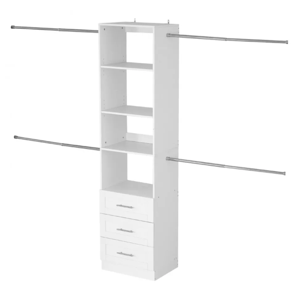 VEVOR Closet System with 3 Drawers, Adjustable Height Wooden Closet Organizers, Modern Walk-in Wardrobe Organization with 4 Retractable Clothes Hanger Rods, Freestanding Garment Rack Storage, White