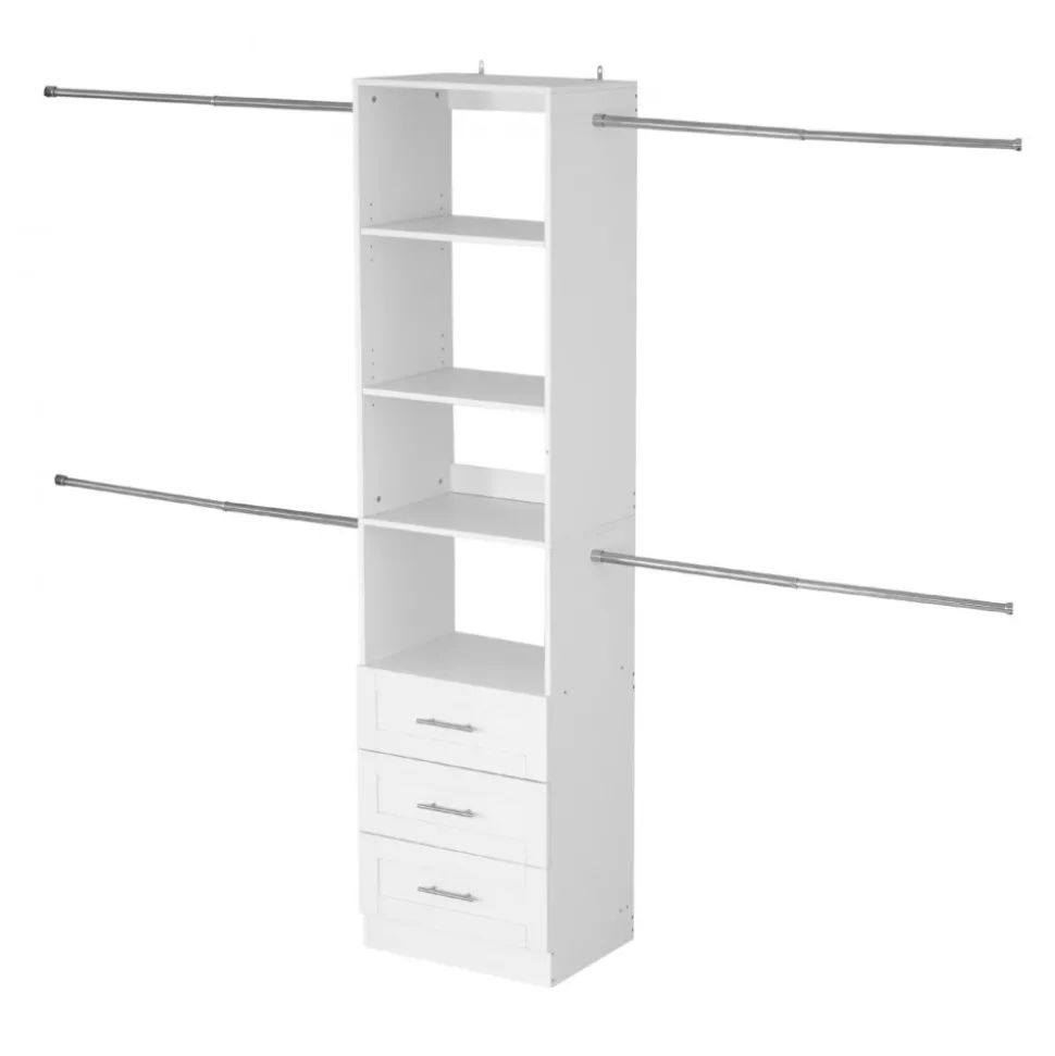 VEVOR Closet System with 3 Drawers, Adjustable Height Wooden Closet Organizers, Modern Walk-in Wardrobe Organization with 4 Retractable Clothes Hanger Rods, Freestanding Garment Rack Storage, White