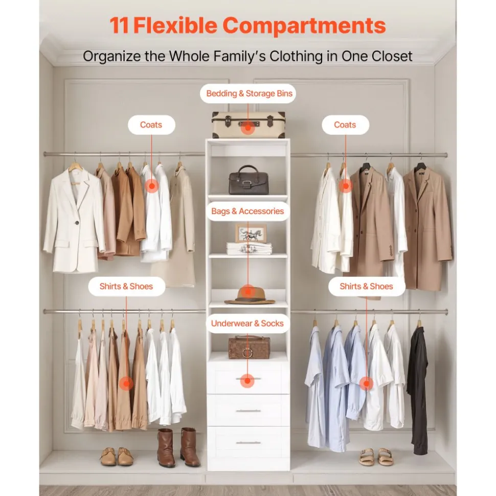 VEVOR Closet System with 3 Drawers, Adjustable Height Wooden Closet Organizers, Modern Walk-in Wardrobe Organization with 4 Retractable Clothes Hanger Rods, Freestanding Garment Rack Storage, White