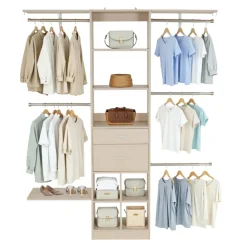 VEVOR Closet System with 2 Drawers, Adjustable Height Wooden Closet Organizers, Modern Walk-in Wardrobe Organization with 5 Retractable Clothes Hanger Rods, Freestanding Garment Rack Storage, Grey