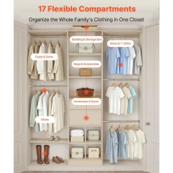 VEVOR Closet System with 2 Drawers, Adjustable Height Wooden Closet Organizers, Modern Walk-in Wardrobe Organization with 5 Retractable Clothes Hanger Rods, Freestanding Garment Rack Storage, Grey