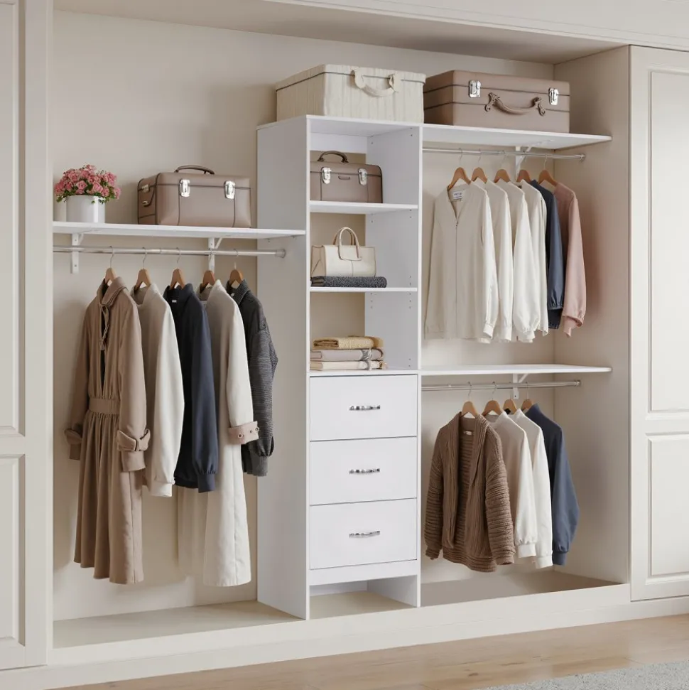 VEVOR Closet System with 3 Drawers, Adjustable Height Wooden Closet Organizers, Modern Walk-in Wardrobe Organization with 3 Retractable Clothes Hanger Rods, Freestanding Garment Rack Storage, White