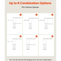 VEVOR Closet System with 3 Drawers, Adjustable Height Wooden Closet Organizers, Modern Walk-in Wardrobe Organization with 3 Retractable Clothes Hanger Rods, Freestanding Garment Rack Storage, White