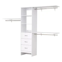 VEVOR Closet System with 3 Drawers, Adjustable Height Wooden Closet Organizers, Modern Walk-in Wardrobe Organization with 3 Retractable Clothes Hanger Rods, Freestanding Garment Rack Storage, White