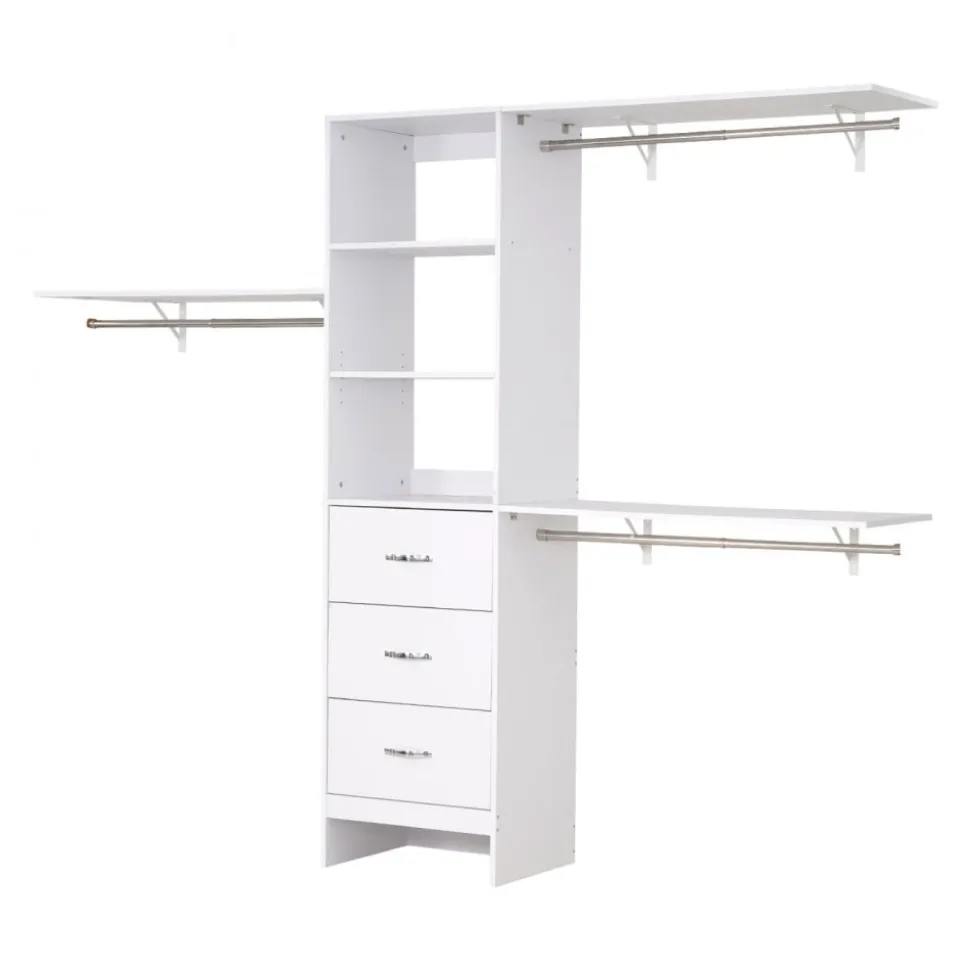 VEVOR Closet System with 3 Drawers, Adjustable Height Wooden Closet Organizers, Modern Walk-in Wardrobe Organization with 3 Retractable Clothes Hanger Rods, Freestanding Garment Rack Storage, White