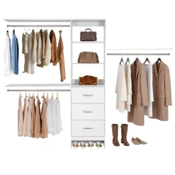 VEVOR Closet System with 3 Drawers, Adjustable Height Wooden Closet Organizers, Modern Walk-in Wardrobe Organization with 3 Retractable Clothes Hanger Rods, Freestanding Garment Rack Storage, White