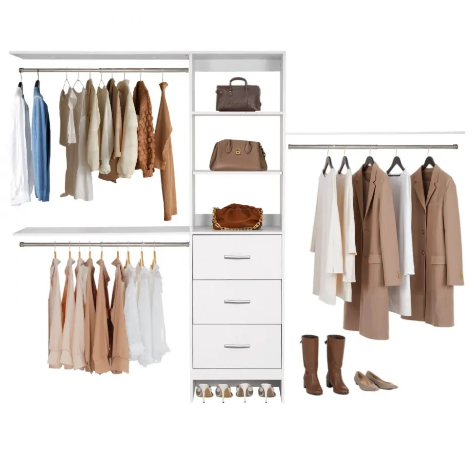 VEVOR Closet System with 3 Drawers, Adjustable Height Wooden Closet Organizers, Modern Walk-in Wardrobe Organization with 3 Retractable Clothes Hanger Rods, Freestanding Garment Rack Storage, White