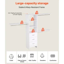 VEVOR Closet System with 3 Drawers, Adjustable Height Wooden Closet Organizers, Modern Walk-in Wardrobe Organization with 3 Retractable Clothes Hanger Rods, Freestanding Garment Rack Storage, White