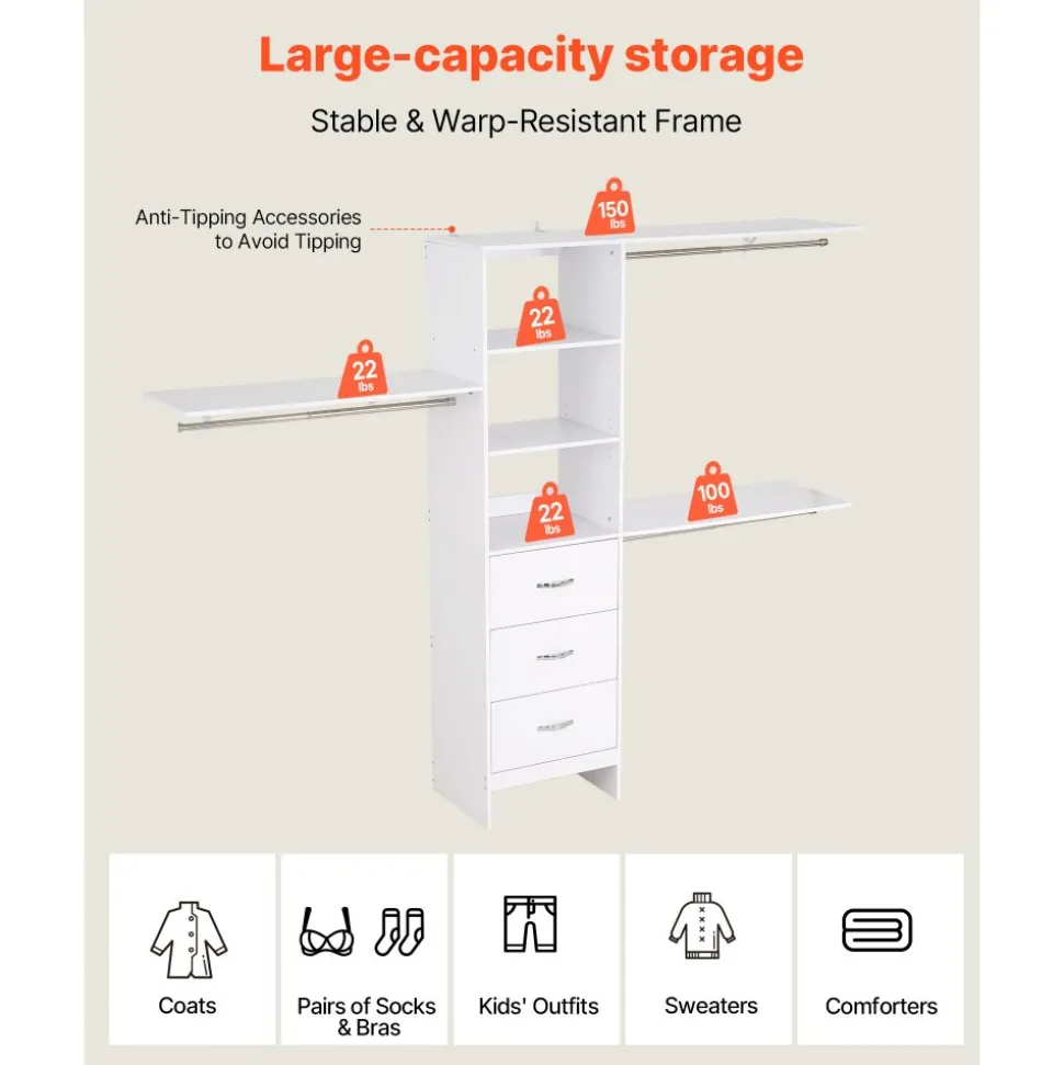 VEVOR Closet System with 3 Drawers, Adjustable Height Wooden Closet Organizers, Modern Walk-in Wardrobe Organization with 3 Retractable Clothes Hanger Rods, Freestanding Garment Rack Storage, White