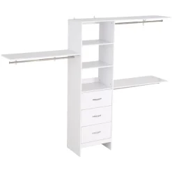 VEVOR Closet System with 3 Drawers, Adjustable Height Wooden Closet Organizers, Modern Walk-in Wardrobe Organization with 3 Retractable Clothes Hanger Rods, Freestanding Garment Rack Storage, White