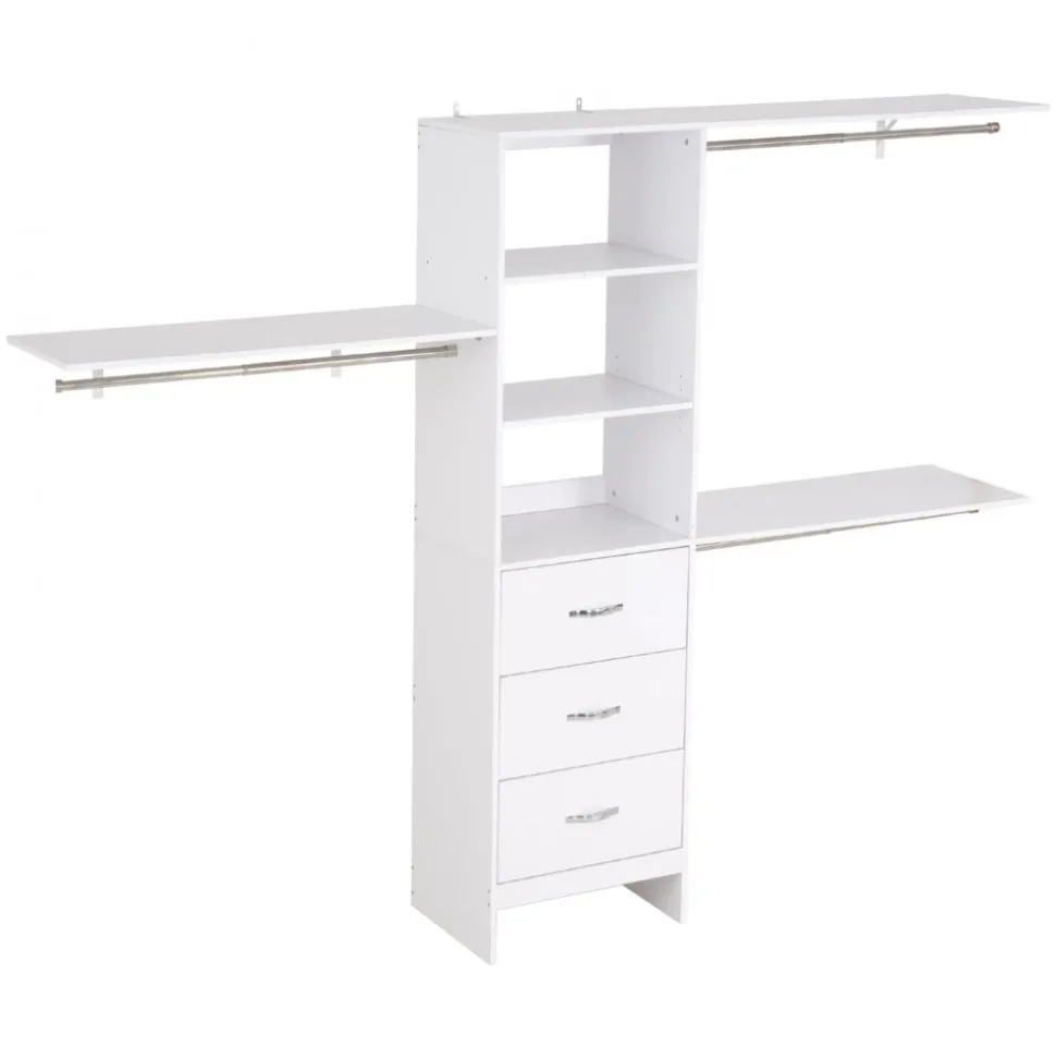 VEVOR Closet System with 3 Drawers, Adjustable Height Wooden Closet Organizers, Modern Walk-in Wardrobe Organization with 3 Retractable Clothes Hanger Rods, Freestanding Garment Rack Storage, White