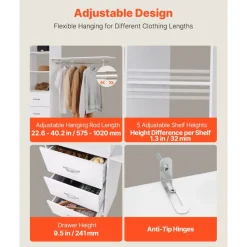 VEVOR Closet System with 3 Drawers, Adjustable Height Wooden Closet Organizers, Modern Walk-in Wardrobe Organization with 3 Retractable Clothes Hanger Rods, Freestanding Garment Rack Storage, White