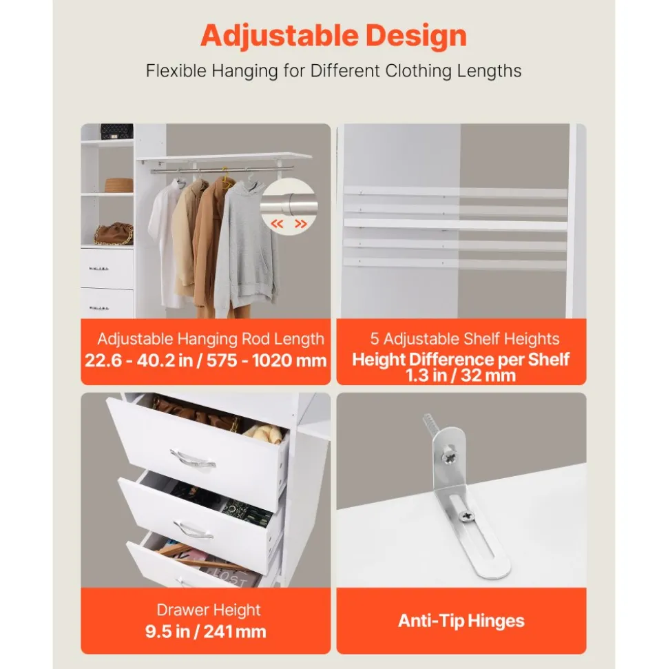 VEVOR Closet System with 3 Drawers, Adjustable Height Wooden Closet Organizers, Modern Walk-in Wardrobe Organization with 3 Retractable Clothes Hanger Rods, Freestanding Garment Rack Storage, White