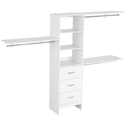 VEVOR Closet System with 3 Drawers, Adjustable Height Wooden Closet Organizers, Modern Walk-in Wardrobe Organization with 3 Retractable Clothes Hanger Rods, Freestanding Garment Rack Storage, White
