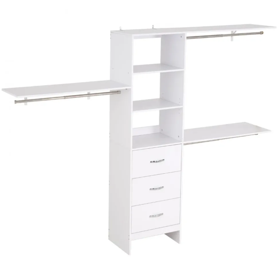 VEVOR Closet System with 3 Drawers, Adjustable Height Wooden Closet Organizers, Modern Walk-in Wardrobe Organization with 3 Retractable Clothes Hanger Rods, Freestanding Garment Rack Storage, White