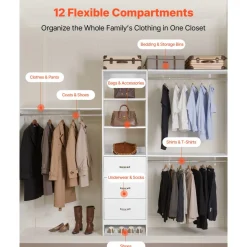 VEVOR Closet System with 3 Drawers, Adjustable Height Wooden Closet Organizers, Modern Walk-in Wardrobe Organization with 3 Retractable Clothes Hanger Rods, Freestanding Garment Rack Storage, White