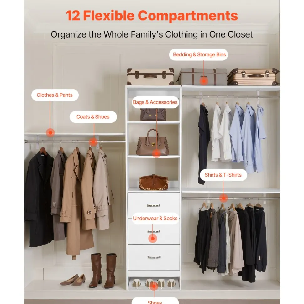 VEVOR Closet System with 3 Drawers, Adjustable Height Wooden Closet Organizers, Modern Walk-in Wardrobe Organization with 3 Retractable Clothes Hanger Rods, Freestanding Garment Rack Storage, White