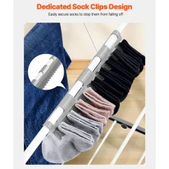 VEVOR Clothes Drying Rack, 2-Tier Foldable Laundry Dryer Rack with Sock Clips & 21 Drying Rods, Metal Height Adjustable Drying Racks for Outdoor & Indoor, Free-Standing & Space-Saving Hanger, White