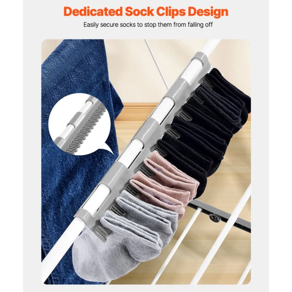 VEVOR Clothes Drying Rack, 2-Tier Foldable Laundry Dryer Rack with Sock Clips & 21 Drying Rods, Metal Height Adjustable Drying Racks for Outdoor & Indoor, Free-Standing & Space-Saving Hanger, White