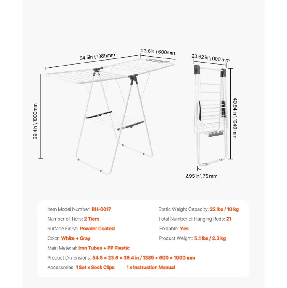 VEVOR Clothes Drying Rack, 2-Tier Foldable Laundry Dryer Rack with Sock Clips & 21 Drying Rods, Metal Height Adjustable Drying Racks for Outdoor & Indoor, Free-Standing & Space-Saving Hanger, White