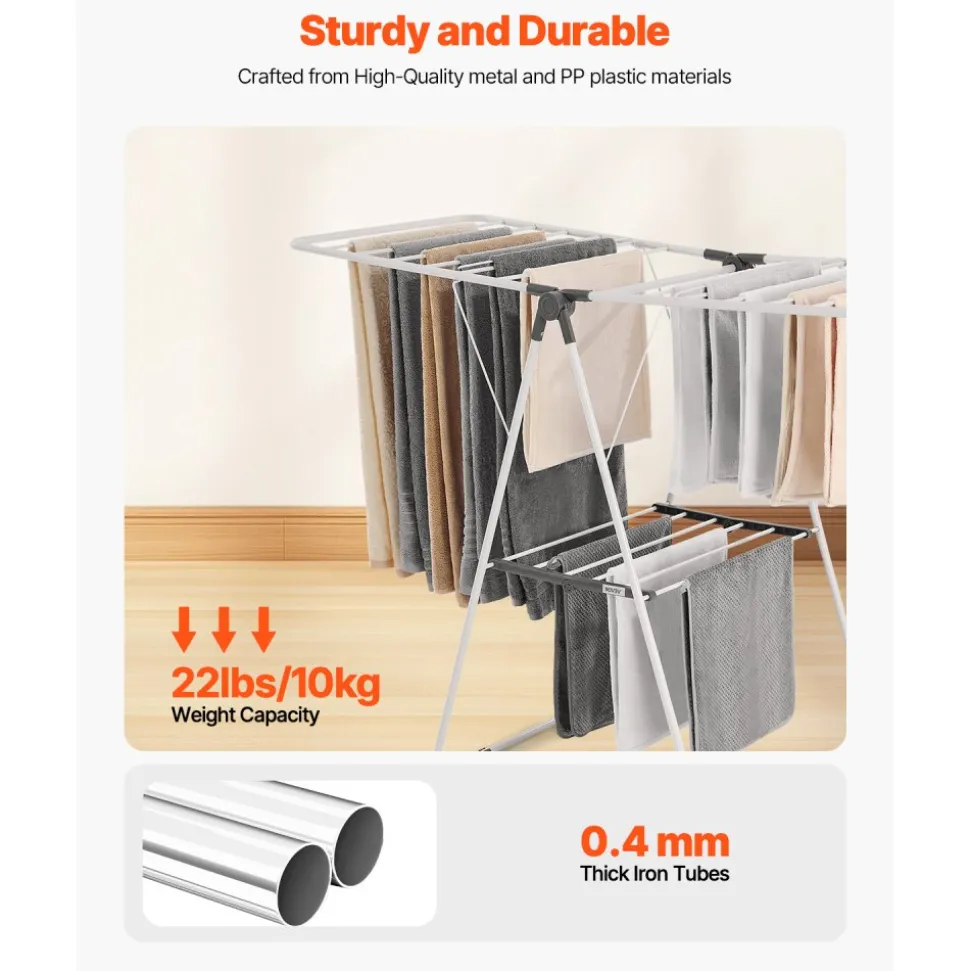 VEVOR Clothes Drying Rack, 2-Tier Foldable Laundry Dryer Rack with Sock Clips & 21 Drying Rods, Metal Height Adjustable Drying Racks for Outdoor & Indoor, Free-Standing & Space-Saving Hanger, White