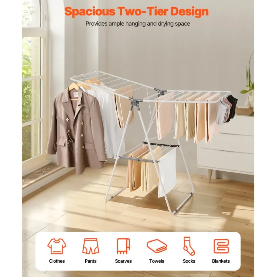 VEVOR Clothes Drying Rack, 2-Tier Foldable Laundry Dryer Rack with Sock Clips & 21 Drying Rods, Metal Height Adjustable Drying Racks for Outdoor & Indoor, Free-Standing & Space-Saving Hanger, White