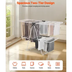 VEVOR Clothes Drying Rack, 2-Tier Foldable Laundry Dryer Rack with Sock Clips & 31 Dry Rods, Metal Height Adjustable Drying Racks for Outdoor & Indoor, Free-Standing & Space-Saving Hanger, White