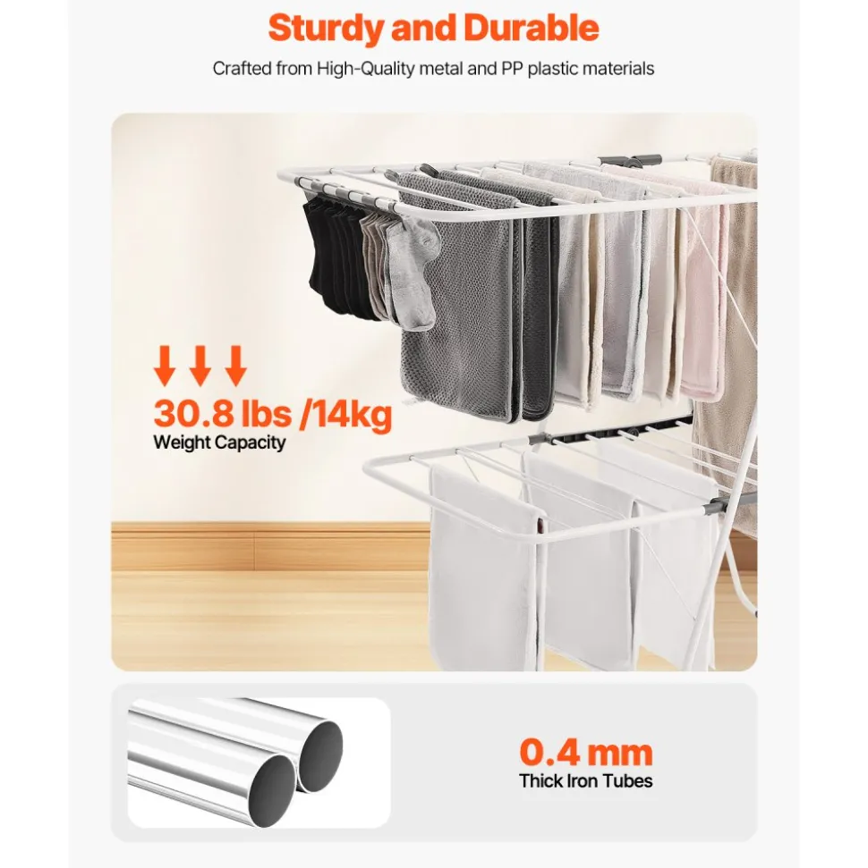 VEVOR Clothes Drying Rack, 2-Tier Foldable Laundry Dryer Rack with Sock Clips & 31 Dry Rods, Metal Height Adjustable Drying Racks for Outdoor & Indoor, Free-Standing & Space-Saving Hanger, White