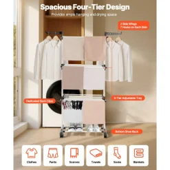 VEVOR Clothes Drying Rack, 4-Tier Foldable Laundry Dryer Rack, Metal Drying Racks with 24 Drying Rods, Free-Standing and Portable Hanger with 4 Castors and Two Side Wings for Outdoor & Indoor Use