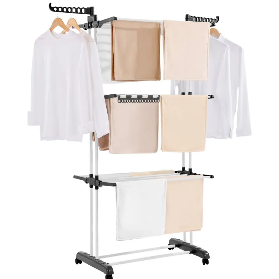 VEVOR Clothes Drying Rack, 4-Tier Foldable Laundry Dryer Rack, Metal Drying Racks with 24 Drying Rods, Free-Standing and Portable Hanger with 4 Castors and Two Side Wings for Outdoor & Indoor Use