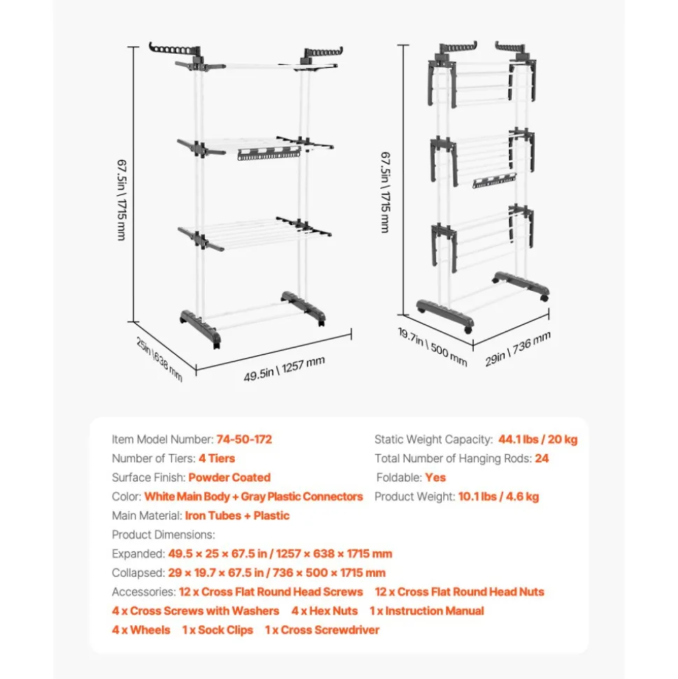 VEVOR Clothes Drying Rack, 4-Tier Foldable Laundry Dryer Rack, Metal Drying Racks with 24 Drying Rods, Free-Standing and Portable Hanger with 4 Castors and Two Side Wings for Outdoor & Indoor Use