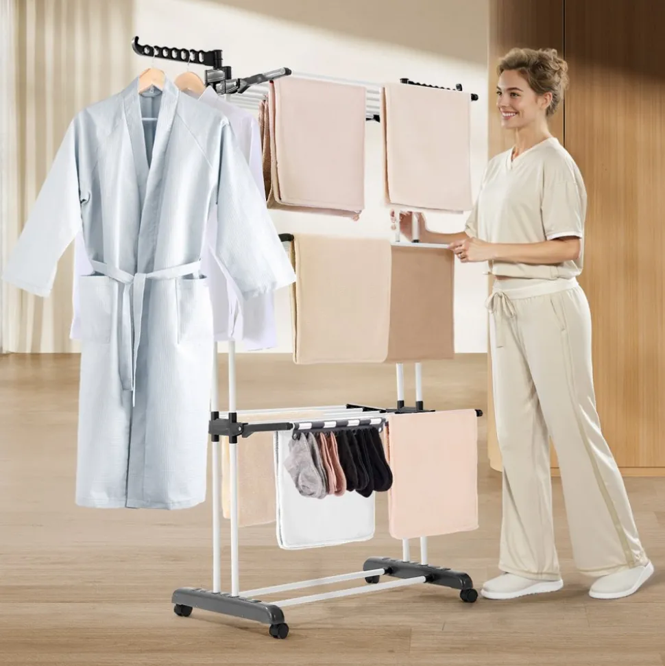 VEVOR Clothes Drying Rack, 4-Tier Foldable Laundry Dryer Rack, Metal Drying Racks with 24 Drying Rods, Free-Standing and Portable Hanger with 4 Castors and Two Side Wings for Outdoor & Indoor Use