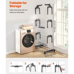 VEVOR Clothes Drying Rack, 4-Tier Foldable Laundry Dryer Rack, Metal Drying Racks with 24 Drying Rods, Free-Standing and Portable Hanger with 4 Castors and Two Side Wings for Outdoor & Indoor Use