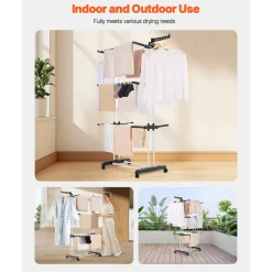 VEVOR Clothes Drying Rack, 4-Tier Foldable Laundry Dryer Rack, Metal Drying Racks with 24 Drying Rods, Free-Standing and Portable Hanger with 4 Castors and Two Side Wings for Outdoor & Indoor Use