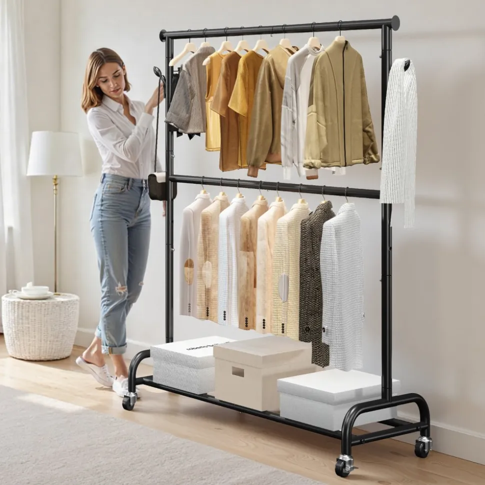 VEVOR Clothes Rack, Rolling Clothing Garment Rack with Adjustable Crossbar and Side Hooks, 150 lbs Load Capacity, Heavy Duty Carbon Steel Clothing Racks with Wheels for Bedroom, Laundry, Living Room