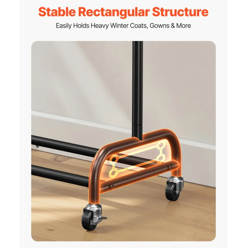 VEVOR Clothes Rack, Rolling Clothing Garment Rack with Adjustable Crossbar and Side Hooks, 150 lbs Load Capacity, Heavy Duty Carbon Steel Clothing Racks with Wheels for Bedroom, Laundry, Living Room