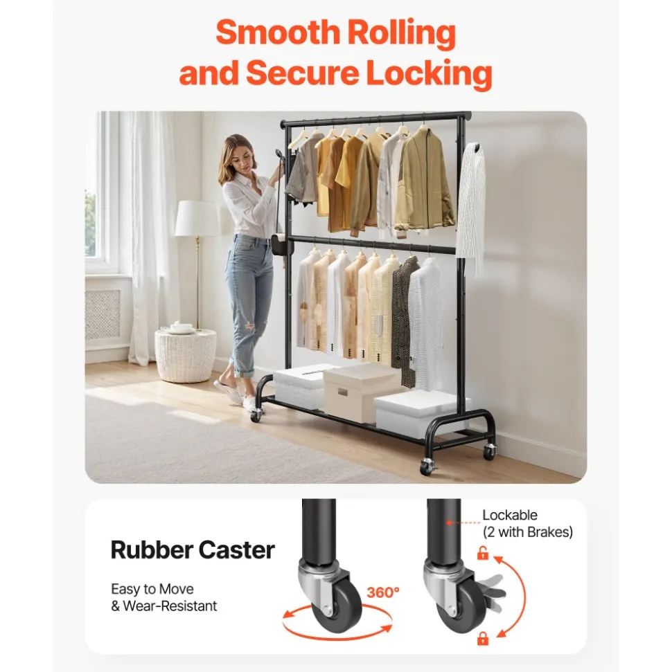 VEVOR Clothes Rack, Rolling Clothing Garment Rack with Adjustable Crossbar and Side Hooks, 150 lbs Load Capacity, Heavy Duty Carbon Steel Clothing Racks with Wheels for Bedroom, Laundry, Living Room