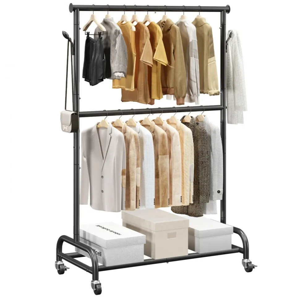 VEVOR Clothes Rack, Rolling Clothing Garment Rack with Adjustable Crossbar and Side Hooks, 150 lbs Load Capacity, Heavy Duty Carbon Steel Clothing Racks with Wheels for Bedroom, Laundry, Living Room