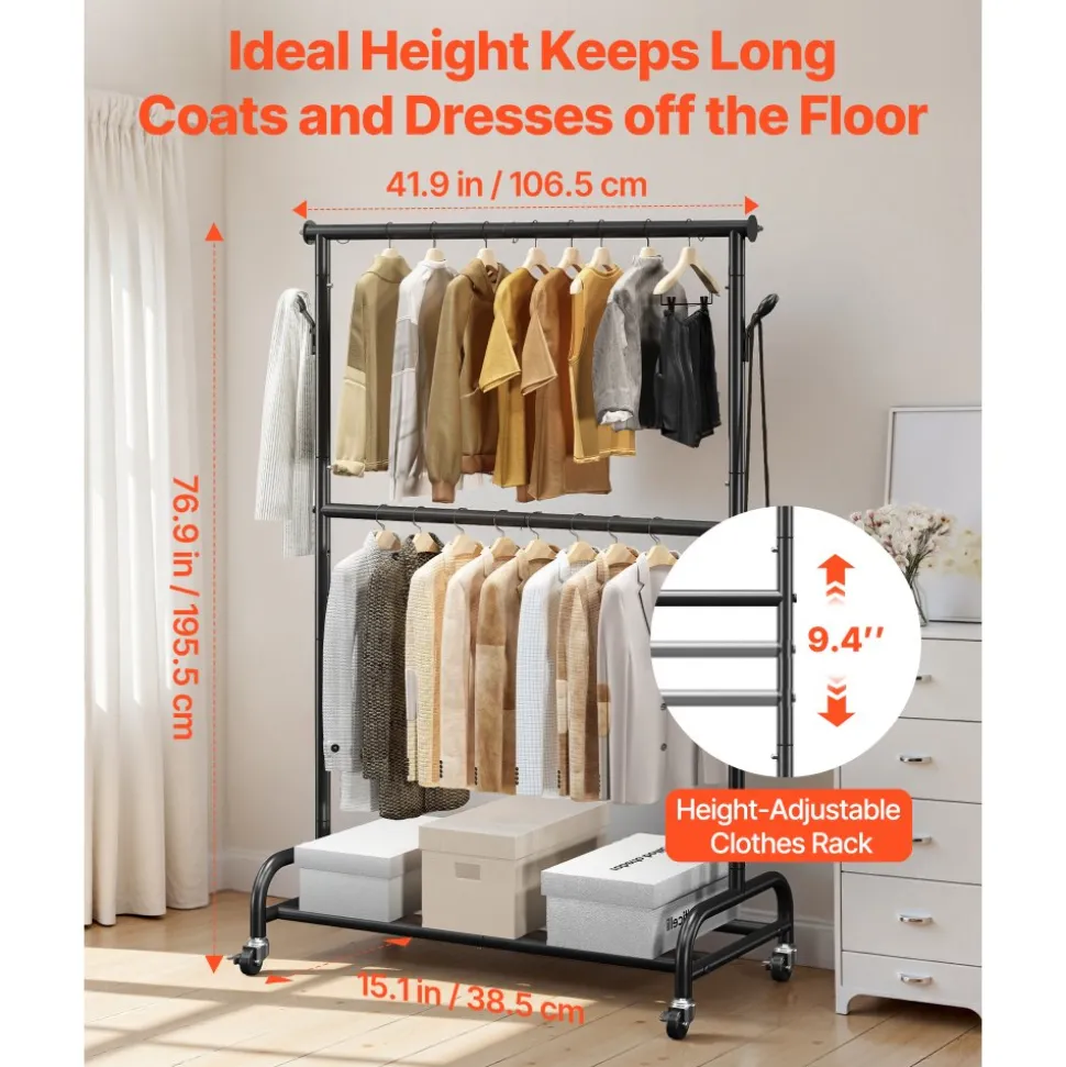 VEVOR Clothes Rack, Rolling Clothing Garment Rack with Adjustable Crossbar and Side Hooks, 150 lbs Load Capacity, Heavy Duty Carbon Steel Clothing Racks with Wheels for Bedroom, Laundry, Living Room