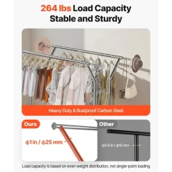 VEVOR Clothes Rack, Rolling Clothing Garment Rack with 2 Hanging Rods and 2 Storage Shelves, 264 lbs Load Capacity, Adjustable Height Carbon Steel Clothing Racks for Bedroom, Laundry, Living Room