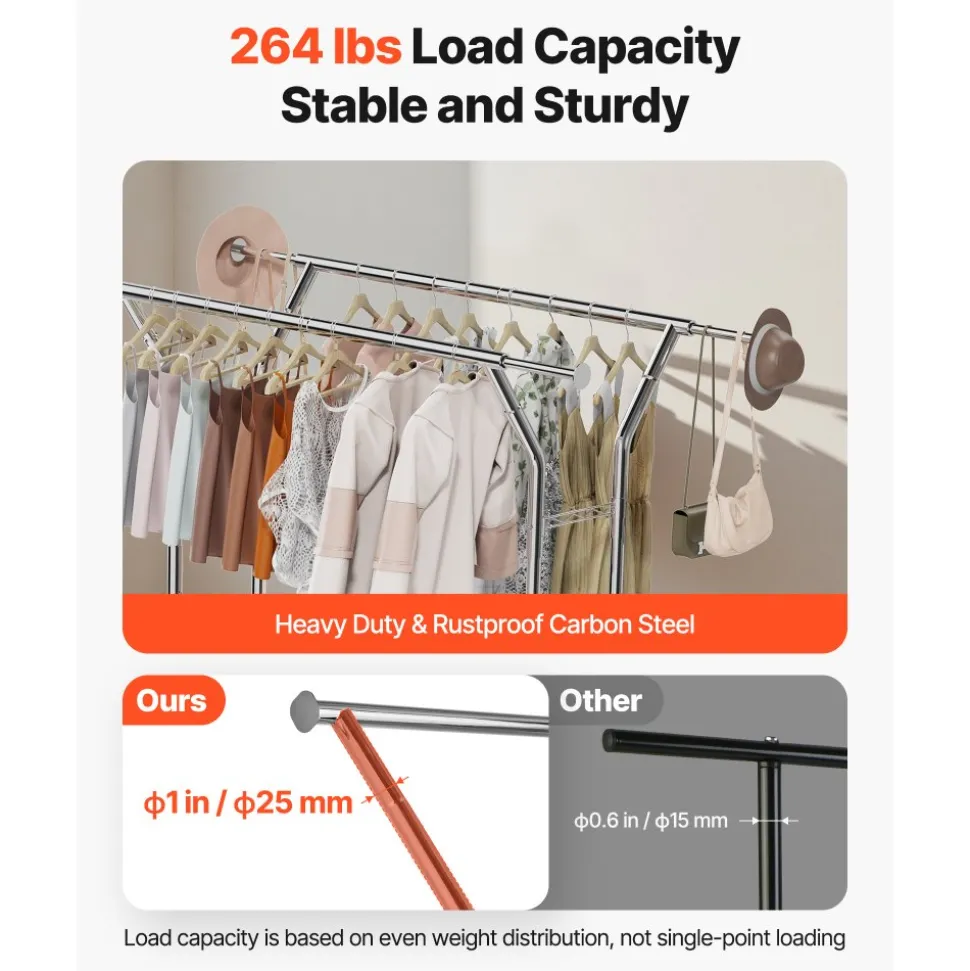 VEVOR Clothes Rack, Rolling Clothing Garment Rack with 2 Hanging Rods and 2 Storage Shelves, 264 lbs Load Capacity, Adjustable Height Carbon Steel Clothing Racks for Bedroom, Laundry, Living Room